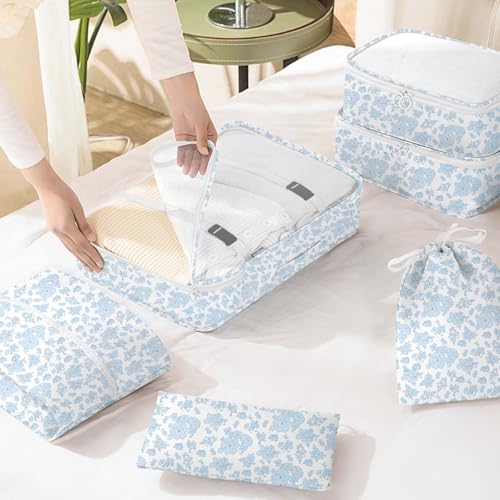 8 Set Packing Cubes for Travel, Luggage Packing Organizers Accessories Large Toiletries Bag for Clothes Shoes Cosmetics (Blue Flower) - color: 8Set-Blue Flower