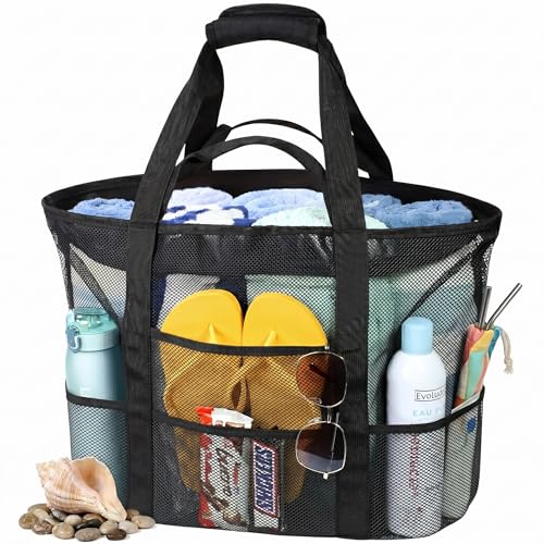 F-color Mesh Beach Bag Family - Large Tote Bag 9 Pockets for Swim Pool Toys Cruise Beach Vacation Essentials - color: Black With Zipper, size: Large with Mesh Bottom