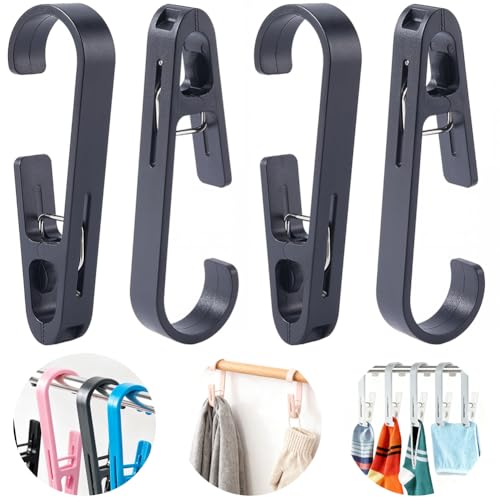 CREATCABIN 4 Pcs Black Laundry Hooks with Clips Plastic Clothes Pins Clips Hook Multipurpose Portable Clothes Hanger Organizer Clamps Socks Towels for Travel Bathroom Kitchen Office 5.28×1.65 Inch - color: Black