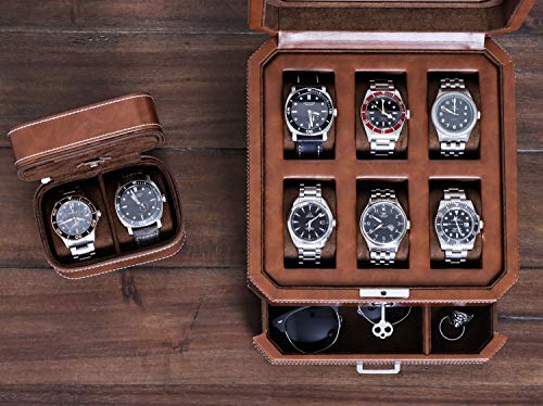 Gift Set 6 Slot Leather Watch Box with Valet Drawer - Luxury Watch Case Display Organizer, Microsuede Liner, Locking Jewelry Box, Mens Storage Boxes Holder Large Glass Top (Tan/Brown Gift Set) - color: 6 Slot - Tan/Brown Gift Set