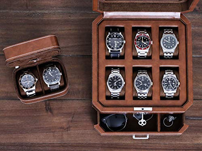 Gift Set 6 Slot Leather Watch Box with Valet Drawer - Luxury Watch Case Display Organizer, Microsuede Liner, Locking Jewelry Box, Mens Storage Boxes Holder Large Glass Top (Tan/Brown Gift Set) - color: 6 Slot - Tan/Brown Gift Set