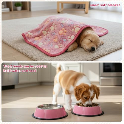 FLYSTAR Puppy Supplies Starter Kit - 42 pcs Puppy Essentials Includes Dog Squeaky Toys, Collar, Leash, Treat Bag, Poop Waste Bag, Blanket, Bowls, Water Bottles, Brush, Training Clicker and More. - color: Pink, size: 42 pcs