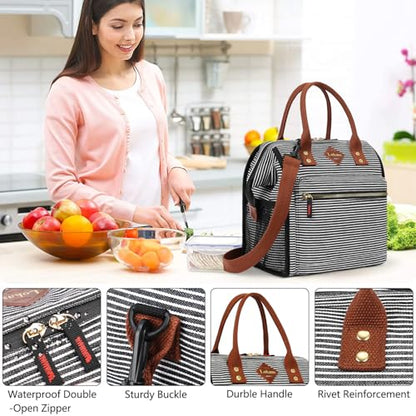 LOKASS Lunch Bag Insulated Lunch Box Wide-Open Lunch Tote Bag with Removable Shoulder Strap for Women/Men Adults Work Picnic Beach Travel(Stripes) - color: Thin Stripe