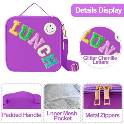 Insulated Lunch Bag With Adjustable Shoulder Strap, Nylon Preppy Lunch Box Large Insulated Lunch Bag Reusable Lunch Tote Bag with Smiley Preppy LunchBag for Girls School Travel Picnic (Dark purple) - color: Dark Purple
