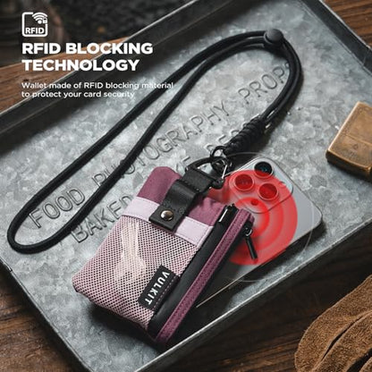 VULKIT Small Minimalist Wallet for Women RFID Blocking, Zipper Coin Pouch with ID Window and Keychain, Water Resistant Travel Lanyard Wallet Wine Pink - color: Wine Pink