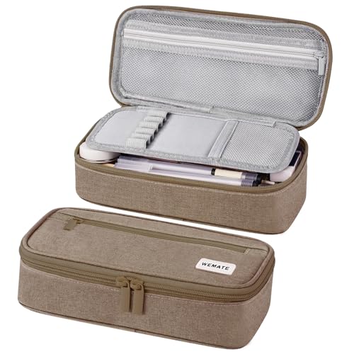 WEMATE Pencil Case, Large Storage Organizer, Makeup Bag, Teacher Must - have, Big Pencil Pouch, Marker Case for College - color: Brown