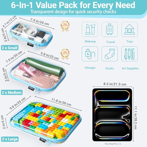 YQBRAO 6 Pack Sky Blue Clear Hard Shell Zipper Case, 1.2mm Heavy Duty Multi-Size Organizer Pouches for Home & Travel, Crush-Proof Storage Bags for Essentials, Toys & Toiletries (2L, 2M, 2S) - color: Blue, size: 6 Pack (2L+2M+2S)