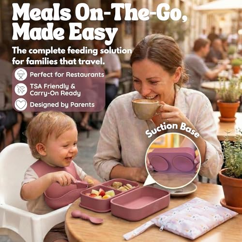 Baby Travel Essentials 6 Pc Silicone Feeding Set - Portable Toddler Plates with Suction, Baby Spoons & Foldable Bib in Carrying Case - BPA-Free Infant & Toddler Utensils for Airplanes & Eating Out - color: Dark Pink