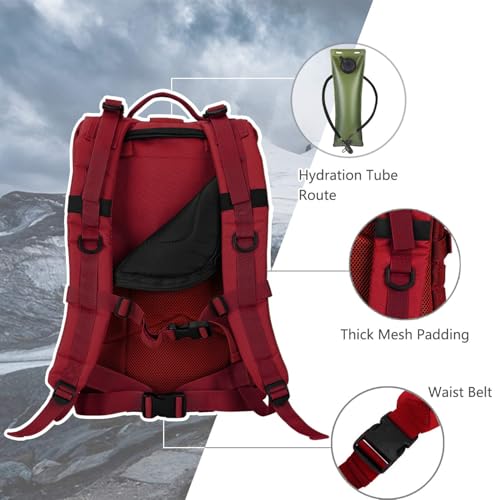 Hannibal Tactical MOLLE Assault Backpack, Tactical Backpack Military Army Camping Rucksack, 3-Day Pack Trip w/USA Flag Patch, D-Rings, Red - color: Red