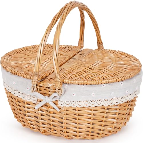 Happypicnic Wicker Picnic Basket with Handle, 15" Large Empty Picnic Basket with Lid & Removable Liner, Vintage Hand Woven Basket for Picnics, Camping, Veg Picking, Mother'S Day, Thanksgiving (Flower) - color: White Flower, size: Large