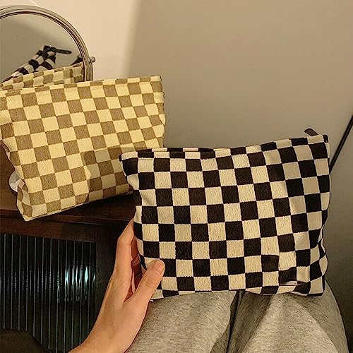 SxoSyo Checkered Cosmetic Bags, Canvas Makeup Bag Purse, Beige | travel toiletry zipper pouch, make up brushes bag, purse organizer pouches - color: Beige, style: Chessboard