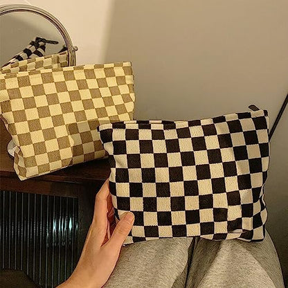 SxoSyo Checkered Cosmetic Bags, Canvas Makeup Bag Purse, Beige | travel toiletry zipper pouch, make up brushes bag, purse organizer pouches - color: Beige, style: Chessboard