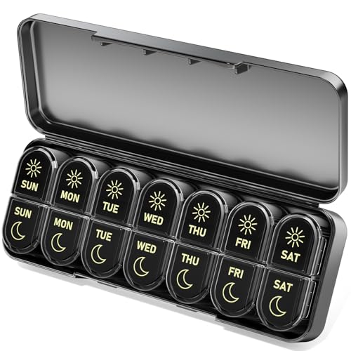 Betife AM PM Pill Organizer 7 Day, Weekly Pill Organizer 2 Times a Day, Daily Pill Box AM PM, Portable Travel Medicine Case, Day and Night Pill Container for Medication, Vitamin or Supplement - color: Black