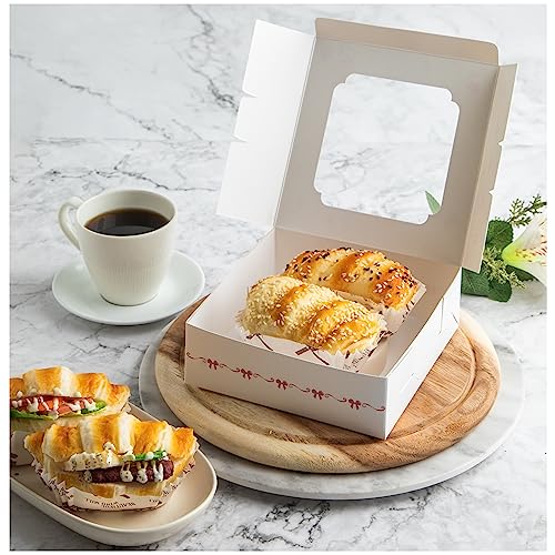 20 Pack Bakery Boxes with Window Small 6x6x2 inch for Cookie, Candy, Pastry, Brownie, Chiffon Cake, Tart, Pie, Waffle (White-Flora) - color: White-Flora