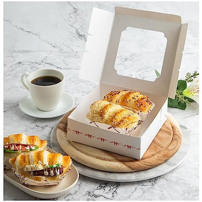 20 Pack Bakery Boxes with Window Small 6x6x2 inch for Cookie, Candy, Pastry, Brownie, Chiffon Cake, Tart, Pie, Waffle (White-Flora) - color: White-Flora