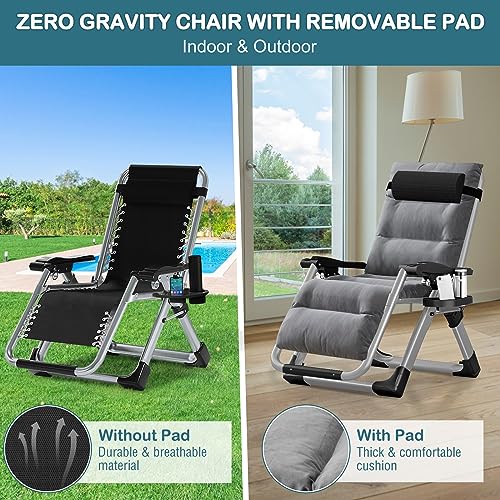 NAIZEA Padded Zero Gravity Chair, Folding Outdoor Lounge Chairs, Adjustable Reclining Camping Chairs with Cup Holder, Ergonomic Patio Lawn Chair for Balcony Beach Deck Yard - color: Dark Gray, style: Zero Gravity Chair 2 Pack