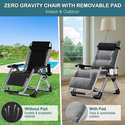NAIZEA Padded Zero Gravity Chair, Folding Outdoor Lounge Chairs, Adjustable Reclining Camping Chairs with Cup Holder, Ergonomic Patio Lawn Chair for Balcony Beach Deck Yard - color: Linen Grey, style: Zero Gravity Chair 2 Pack