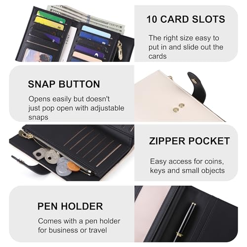 yiijay Wallet Women RFID Blocking Multi Cards Wallet Credit Card Holder for Women Large Capacity Lady Leather Trifold Travel Wallet with Pen Holder - color: 2Beige&Black