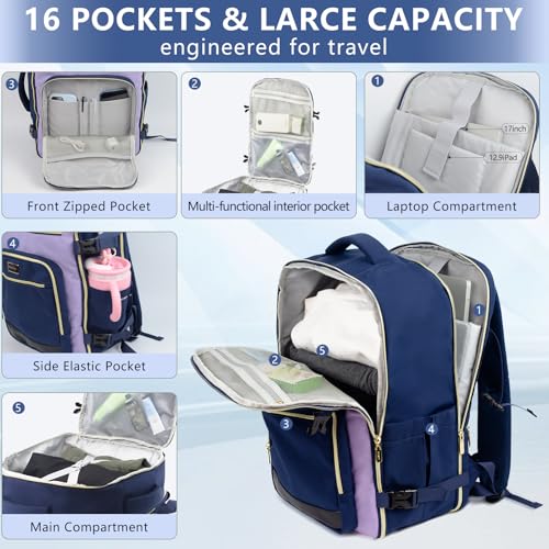 Travel Laptop Backpacks, 30L Carry On Backpack with 3 Packing Cubes, Travel Backpack for Women Airline Approved, Overnight Weekender Backpacks, Navy Blue - color: Navy Blue