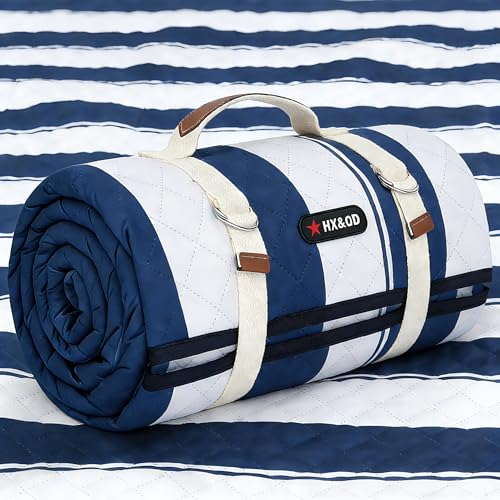 HX&OD Outdoor Picnic Blanket Extra Large, 80”x80” Waterproof Picnic Mat Foldable Camping Blanket Portable with Carry Strap for Beach Mat (Bule) - color: Blue&white, size: 80 x 80 inches