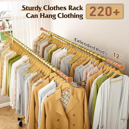 Raybee Clothes Rack Load 650LBS Heavy Duty Clothing Rack, Collapsible Clothes Racks for Hanging Clothes with Adjustable Height & Double Rods, Commercial Garment Rack with Wheels, Easy Assembly, Gold - color: Gold