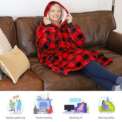 Catalonia Oversized Blanket Hoodie Sweatshirt, Wearable Sherpa Blanket Pullover, Gift for Her - color: Checker
