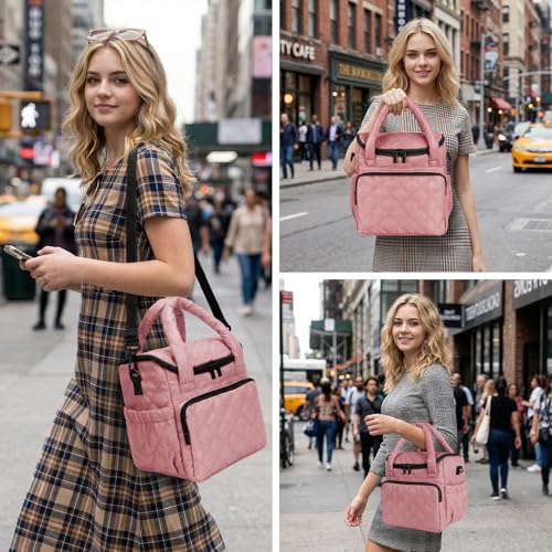 Women's Insulated Lunch Tote Bag - Inch Quilted Lunch Box for Women, Large Waterproof Cooler Bag with Pockets for Work, Picnic, Adult (deep pink) - color: deep pink