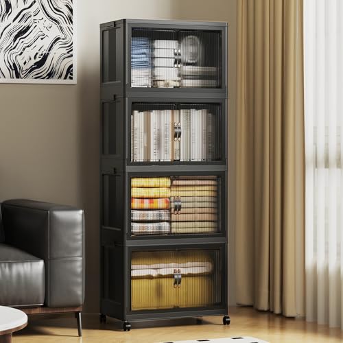 SAILUN 35Gal/140Qt Stackable Storage Bins Folding Collapsible Storage Bins with Lid, Closet Organizers and Storage Box with Door Black 18" W x 11" D x 41" H - color: Black, size: 1 Lid 4 Pack-18" W x 11" D x 41" H