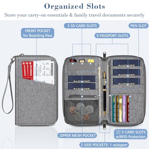Fintie Family Passport Holder Wallet, RFID Blocking Travel Document Organizer Clutch Bag Credit Cards Case Cover for Women Men - color: Snowflake Gray