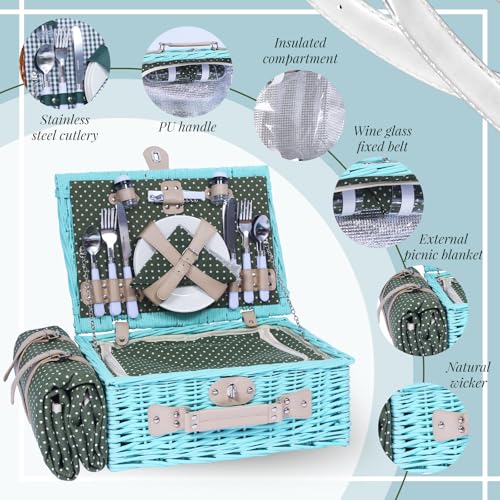 YPshuye Picnic Basket Set for 4 with Waterproof Blanket Mat Insulation Bag Wicker Blue Green Light Hawaiian Tropical Style Gift for Wedding Birthday Summer Camp Outdoor Camping Beach Travel Christmas - color: Green and White Dots