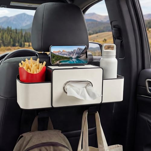Backseat Car Organizer, 4 in 1 Multifunctional Car Back Seat Storage Organizer with Tissue Box, 2 Cup Holders, Phone Stand and Hooks, Automotive Seat Back Organizers (White) - color: White