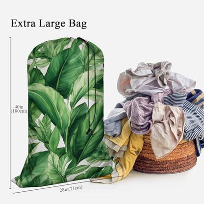 Swono Green Leaves Extra Large Huge Heavy Duty Oxford Cloth Laundry Storage Bag with Drawstring, Summer Tropical Exotic Plants Laundry Bag, 28x40 Inch - color: Green Leaves