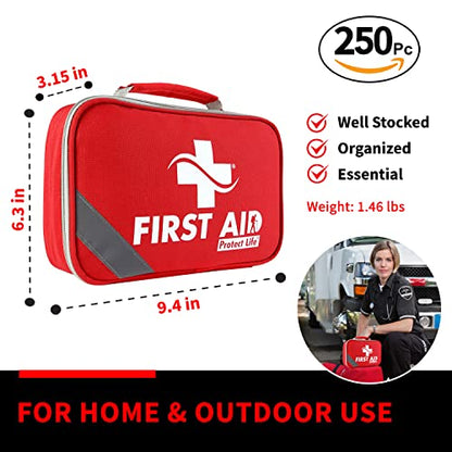 Protect Life First Aid Kit for Home & Business, 250 Pcs - Emergency Medical Kit for Camping & Hiking - size: 250 Pieces Kit (Travel)