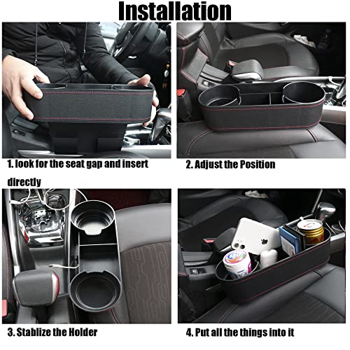 Car Cup Holder Seat Gap Organizer, Multifunctional Cup Drink Holders with PU Leather Cover,Side Insert Center Console Gap Filler Storage Box for Mug Bottle CellPhones Keys Coffee Coasters Cards - color: black