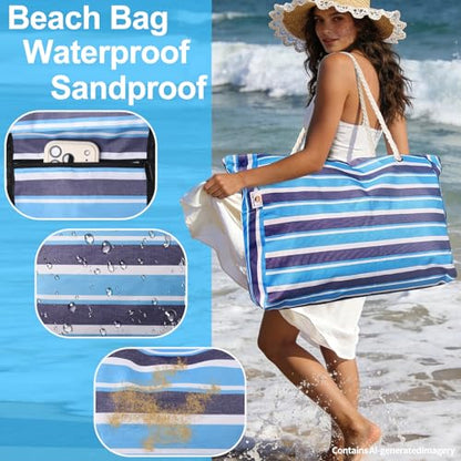 CaCTOUR Large Beach Bag Women,Beach Bags Waterproof Sandproof with Zipper Wet Pocket,Beach Tote Pool Bag for Swim Gym Travel - color: Blue