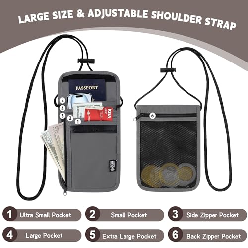 Likesing 5.5" L x 7.9" W Travel Neck Wallet, RFID Blocking Passport Holder, Security Lightweight Passport Travel Wallet, Neck Pouch Gifts for Women Men(Grey) - color: Grey