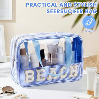 Sanwuta Seersucker Beach Bag Chenille Letter Clear Sunscreen Makeup Bag with Handle and Zipper Seersucker Stripe Preppy Women Cosmetic Pouch for Storage Travel Organizer(Blue) - color: Blue, style: Beach