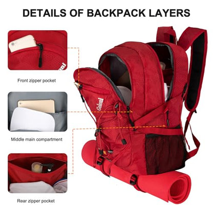 Goloni 45L Hiking Backpack Lightweight Foldable, Waterproof Camping Backpack with Rain Cover & Hiking Pole Mat Carrying System, Ergonomic Water Resistant Daypack for Trekking Travel Men Women Red - color: Red