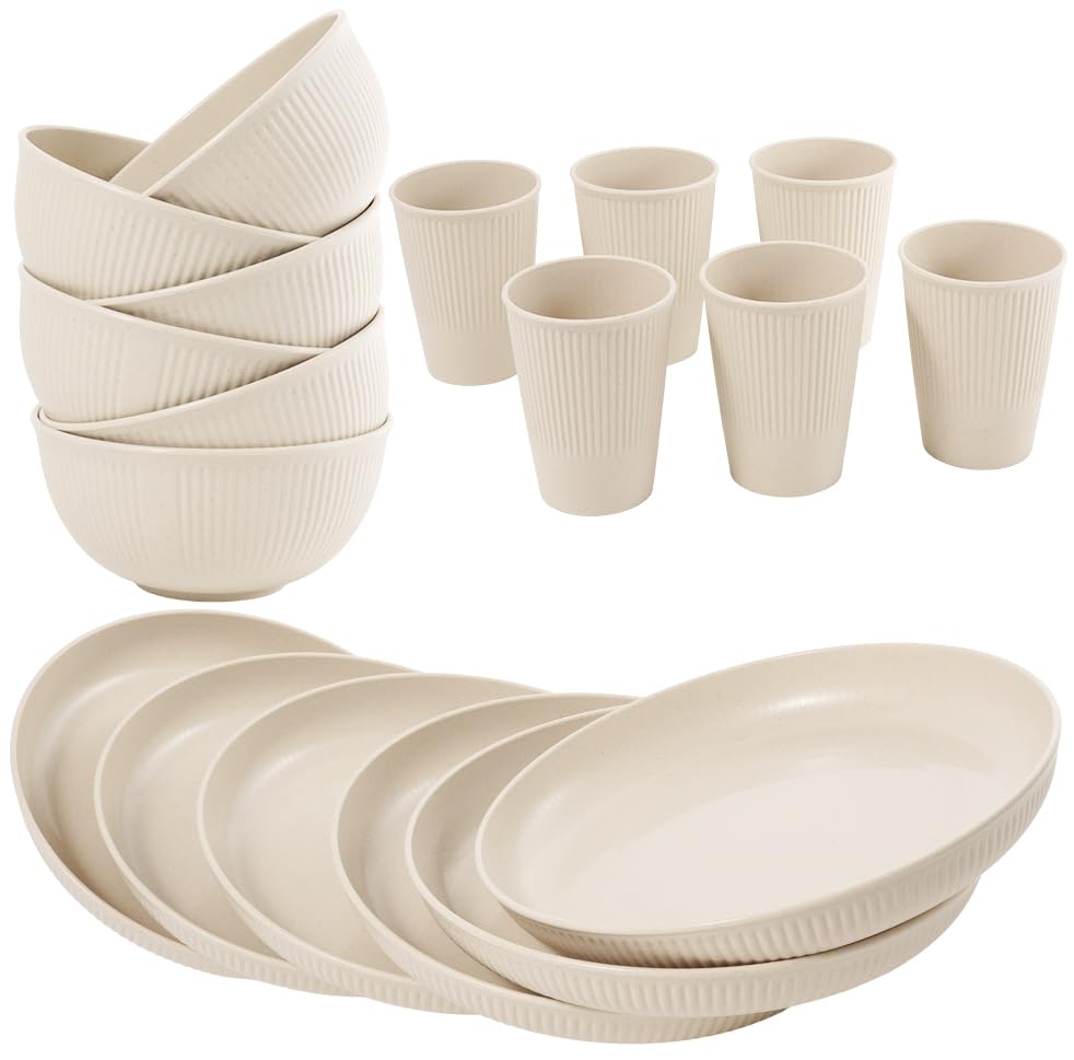 36-Piece Reusable Wheat Straw Dinnerware Sets for 6, Farielyn-X Unbreakable Reusable Set Kitchen Cups, Plates, Bowls Sets & Cultery Dishwasher Microwave Safe - Patio, Outdoors, RV, Camping Dishes