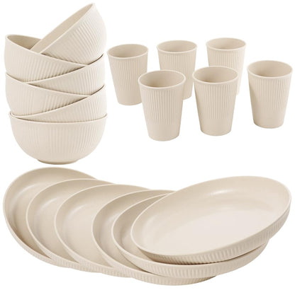 36-Piece Reusable Wheat Straw Dinnerware Sets for 6, Farielyn-X Unbreakable Reusable Set Kitchen Cups, Plates, Bowls Sets & Cultery Dishwasher Microwave Safe - Patio, Outdoors, RV, Camping Dishes