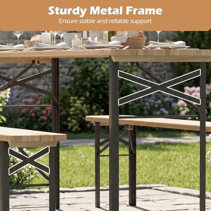 Tangkula 3 Piece Folding Picnic Table with 2 Benches, Foldable Wood Picnic Table Bench Set with Heavy-Duty Metal Frame for 6, Space-Saving Outside Table and Bench Set for Backyard, Patio, Garden