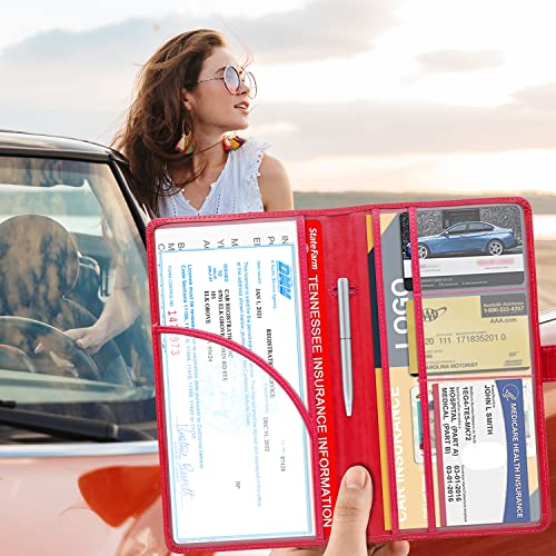 RSAquar Car Registration and Insurance Holder, Leather Car Glove Box Organizer, Cool Car Accessories for ID, Driver's License Cards & Essential Document, Men&Women, Red - color: Red