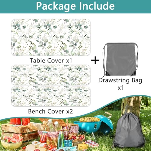 Picnic Table Cover with Bench Covers and Bag, Camping Essentials, Eucalyptus Leaves Outdoor Table Covers, Waterproof Windproof, Fitted Tablecloth Cover with Elastic Edge, 3 PCS, 30x60 Inch - color: Eucalyptus Leaves, size: 30" x 60"