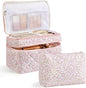 HBselect 2Pcs Travel Makeup Bag, Large Cotton Quilted Makeup Bag Cosmetic Bag Cute Make up Bag Toiletry Bags for Women Girls - color: 2PCS-FLOWER2