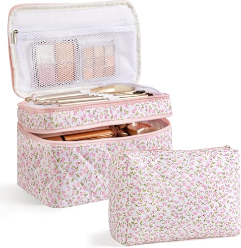HBselect 2Pcs Travel Makeup Bag, Large Cotton Quilted Makeup Bag Cosmetic Bag Cute Make up Bag Toiletry Bags for Women Girls - color: 2PCS-FLOWER2