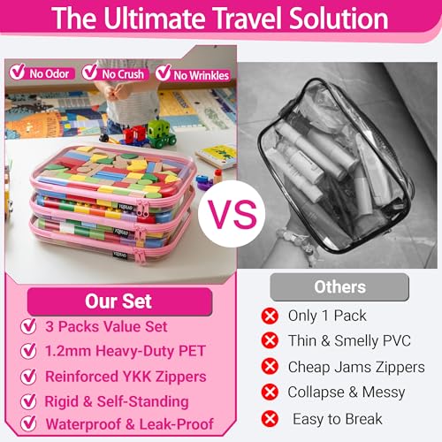 YQBRAO 3-Pack Large Clear Hard Shell Zipper Case, 1.2mm Ultra-Thick Rigid Toy & Closet Organizer, Heavy-Duty Diaper Bag Pouch Set with YKK Zippers, Waterproof Travel Storage (Pink) - color: Pink, size: 3 Pack(L)