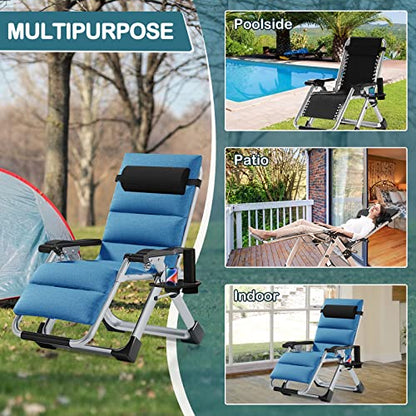 NAIZEA Padded Zero Gravity Chair, Folding Outdoor Lounge Chairs, Adjustable Reclining Camping Chairs with Cup Holder, Ergonomic Patio Lawn Chair for Balcony Beach Deck Yard - color: Linen Blue, style: Zero Gravity Chair 2 Pack