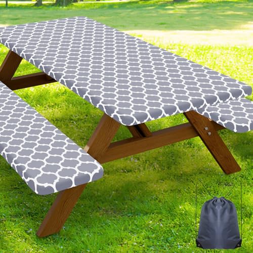 Smiry Picnic Table Cover with Bench Covers, Waterproof Elastic Fitted Tablecloth for 4 Foot Tables, Washable Polyester Tablecloths for Camping, Indoor & Outdoor (Grey, 24x48 Inch 3-pc Set) - color: Grey, size: 24"x48"