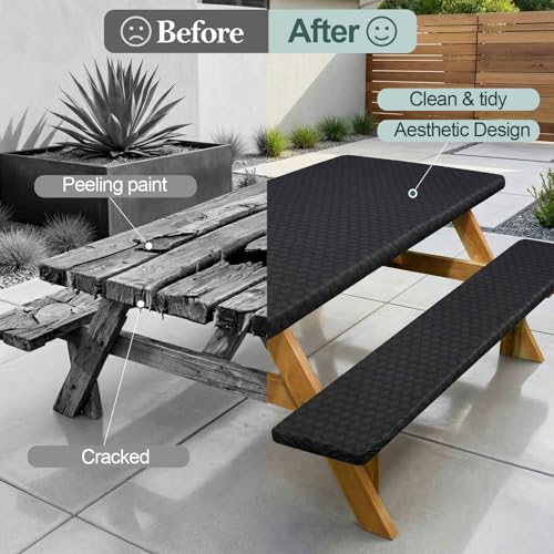 Play Tailor Picnic Table Cover with Bench Covers Camping Essentials Waterproof Windproof Camping Tablecloth with Drawstring Bag, Fitted Rectangle Tables and Seats, 72in, Black - color: Black, size: 72in