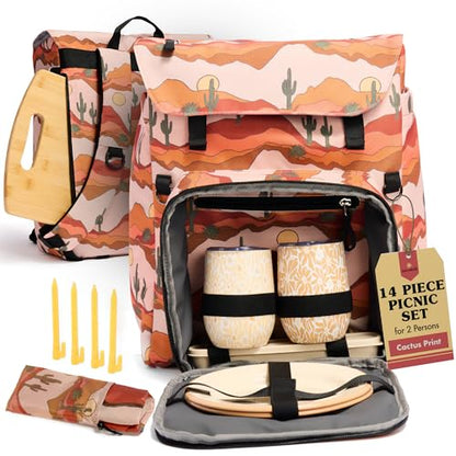 Lax & Daisy Travel Picnic Backpack for 2 Persons - 14 Piece Set Cooler Bags Insulated for Beach, Camping, Hiking & Parks with Blanket, Tumblers, Plates, Gold Cutlery & Cutting Board (Cactus Print) - color: Desert Daze